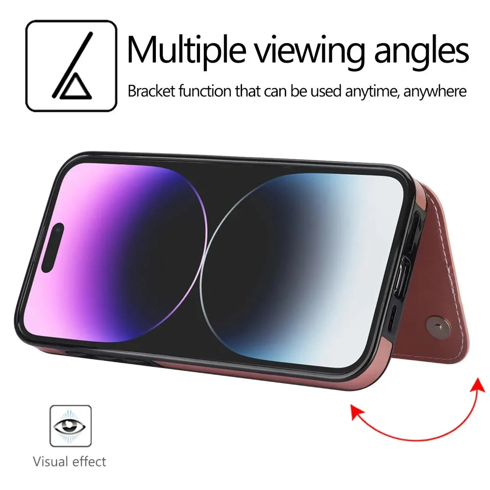 Luxury iPhone Wallet Flip Leather Case — Double Button Card Slot Holder, Stand Function, Full Coverage Shockproof Protection, Non-Slip Durable Design