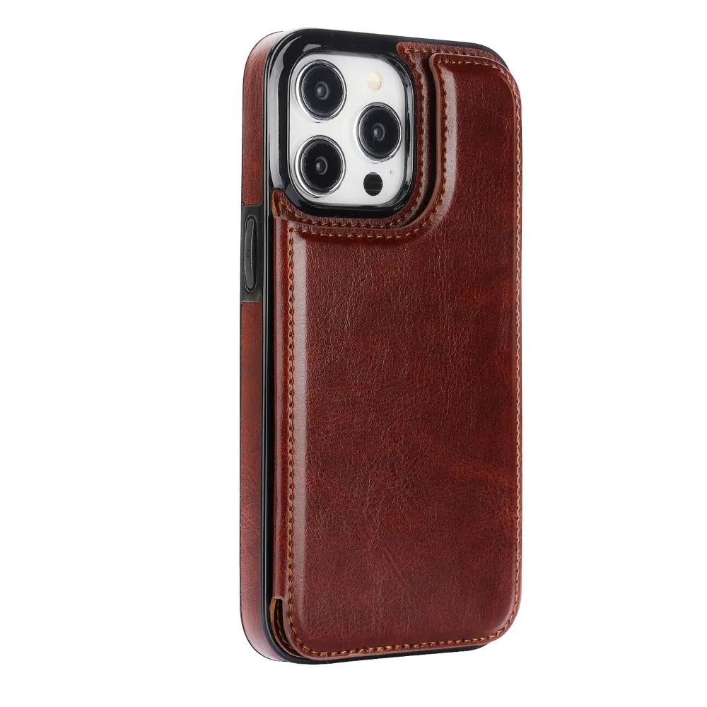 Luxury iPhone Wallet Flip Leather Case — Double Button Card Slot Holder, Stand Function, Full Coverage Shockproof Protection, Non-Slip Durable Design