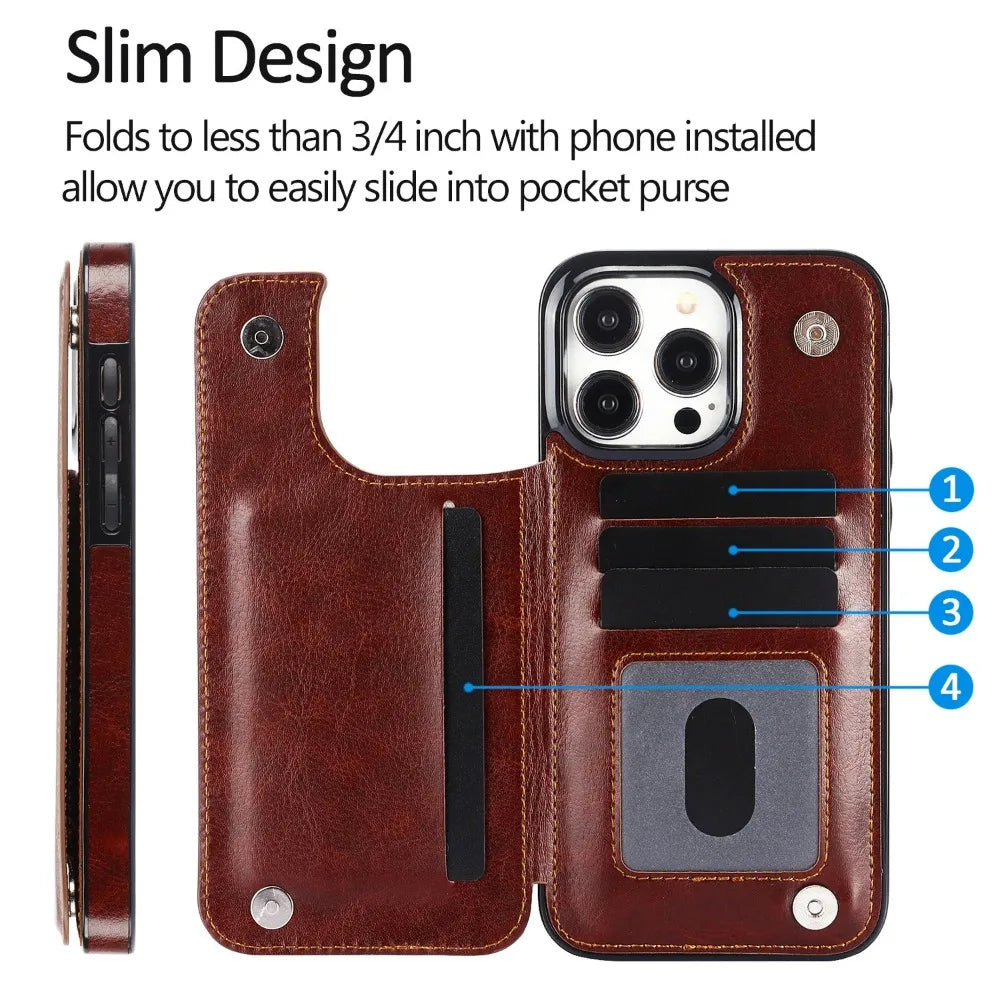 Luxury iPhone Wallet Flip Leather Case — Double Button Card Slot Holder, Stand Function, Full Coverage Shockproof Protection, Non-Slip Durable Design