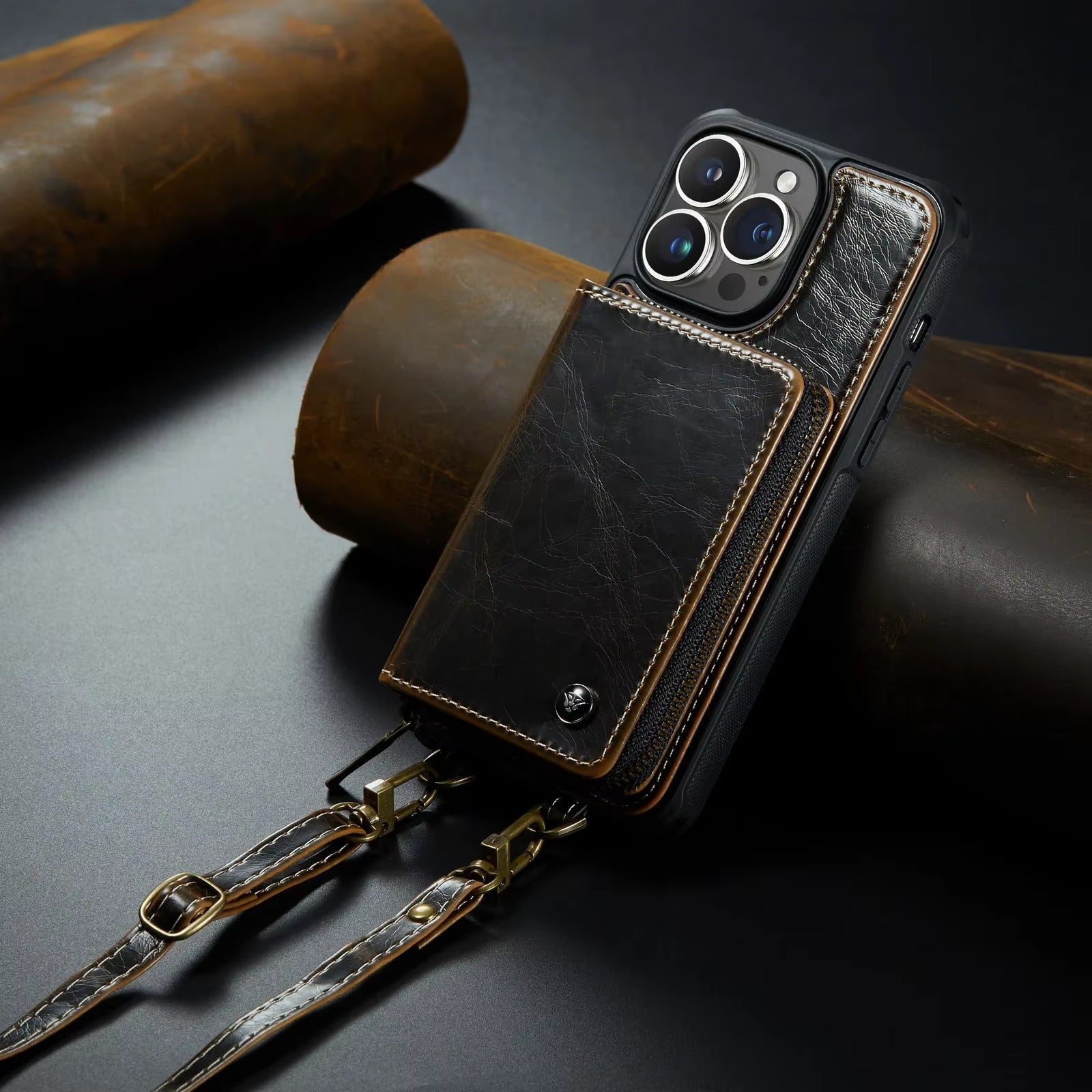 Luxury iPhone Zipper Wallet Case PU Leather Cover — Card Holder Slots, Stand Function, Hand Strap, Shockproof Drop Protection, Anti-Fingerprint Matte Finish