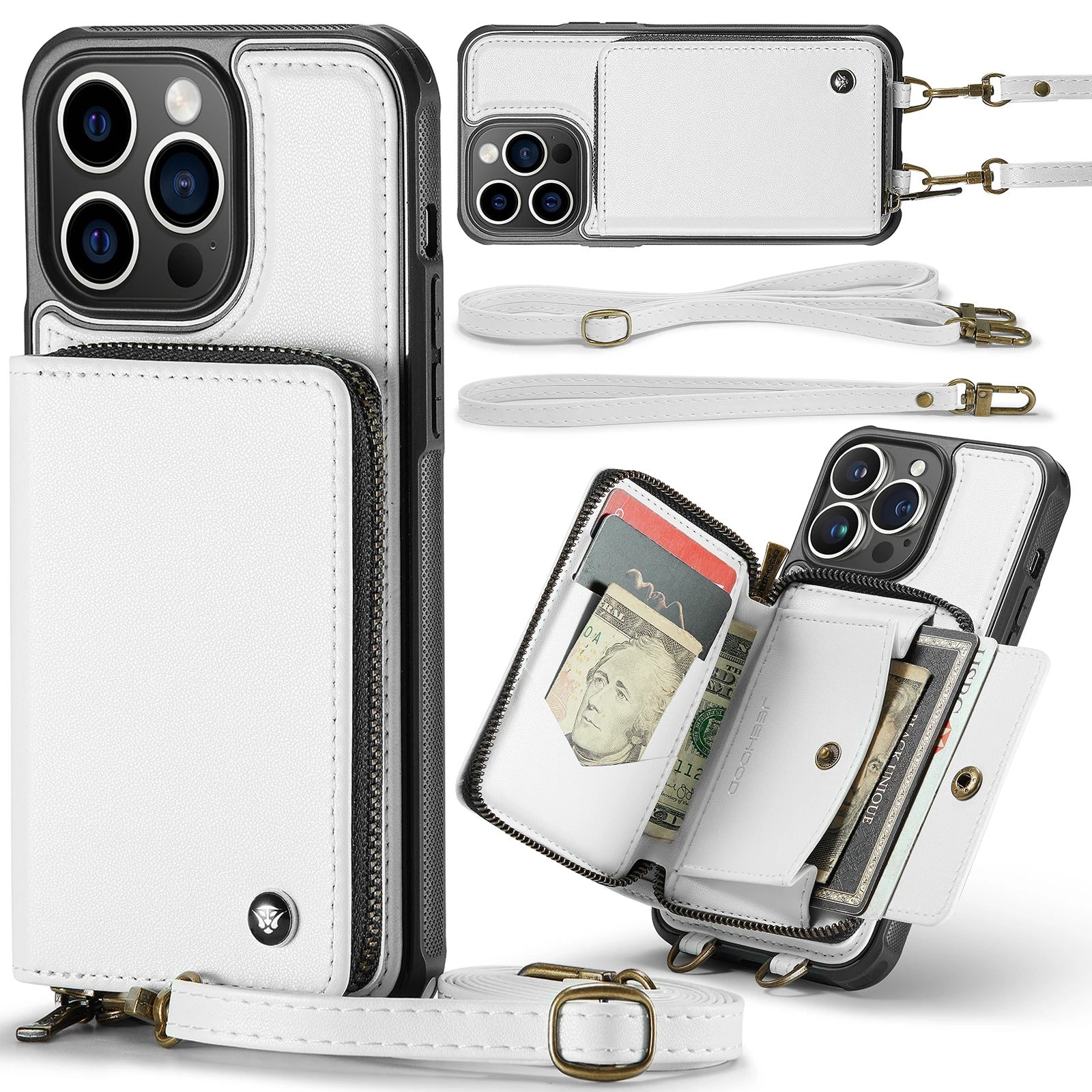 Luxury iPhone Zipper Wallet Case PU Leather Cover — Card Holder Slots, Stand Function, Hand Strap, Shockproof Drop Protection, Anti-Fingerprint Matte Finish