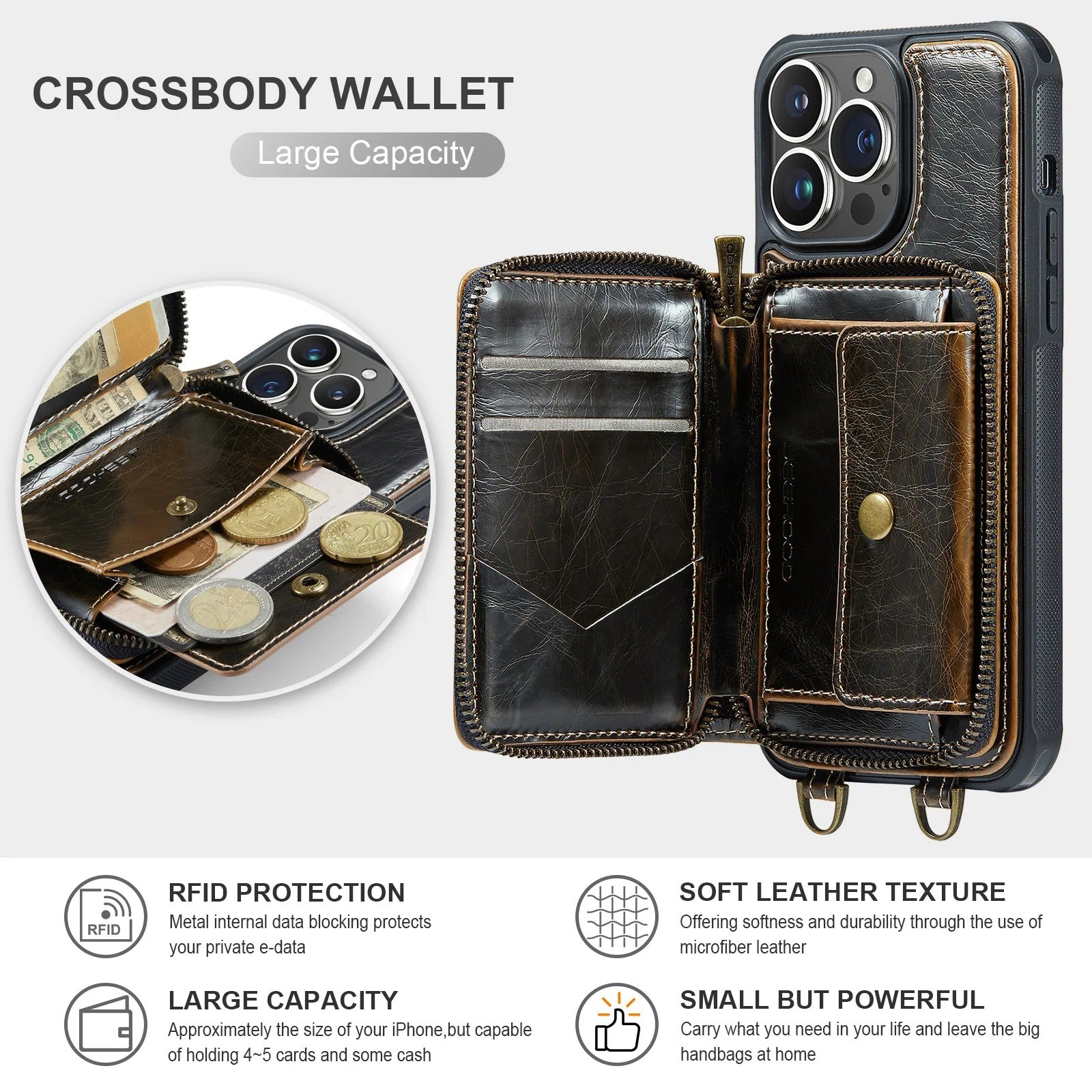 Luxury iPhone Zipper Wallet Case PU Leather Cover — Card Holder Slots, Stand Function, Hand Strap, Shockproof Drop Protection, Anti-Fingerprint Matte Finish