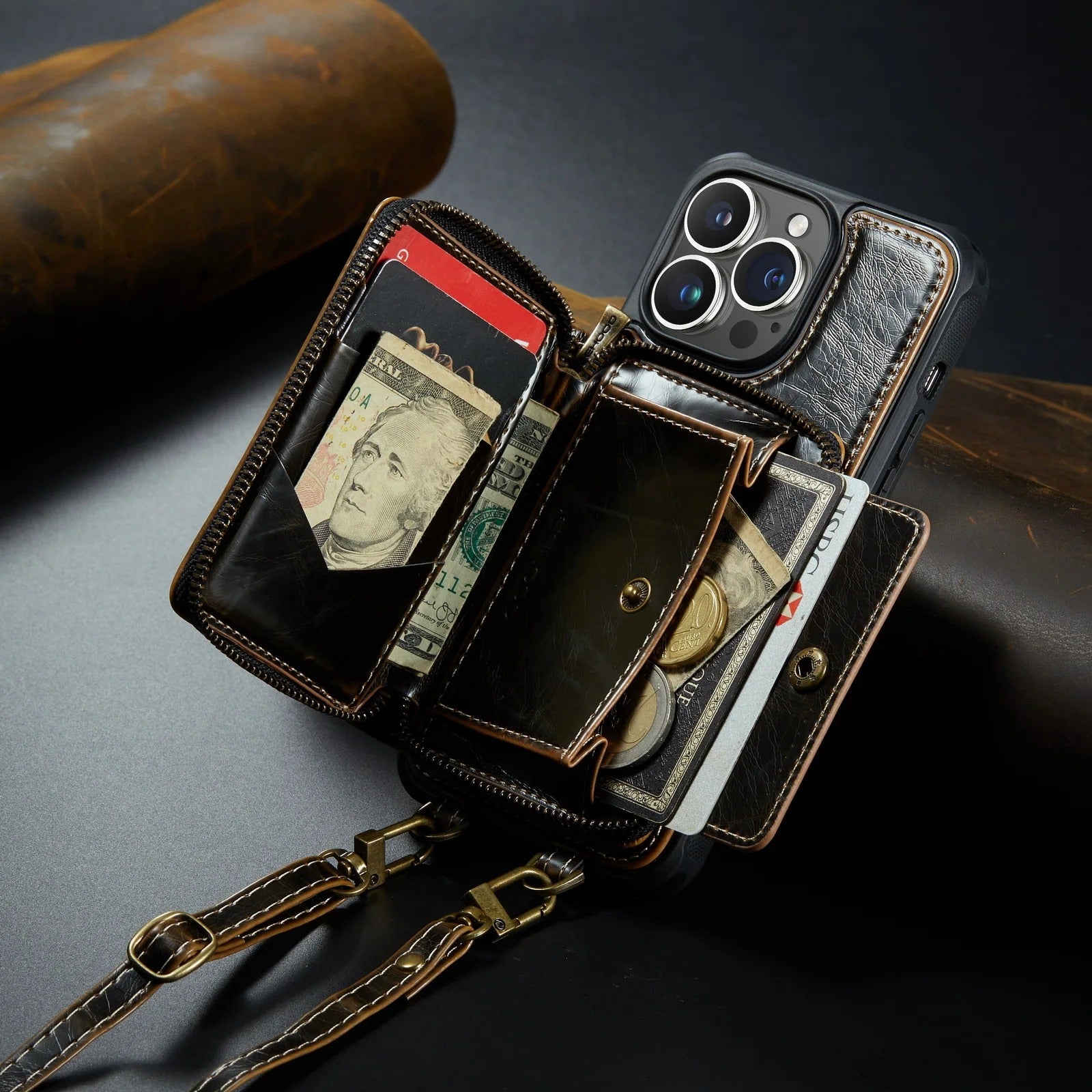 Luxury iPhone Zipper Wallet Case PU Leather Cover — Card Holder Slots, Stand Function, Hand Strap, Shockproof Drop Protection, Anti-Fingerprint Matte Finish