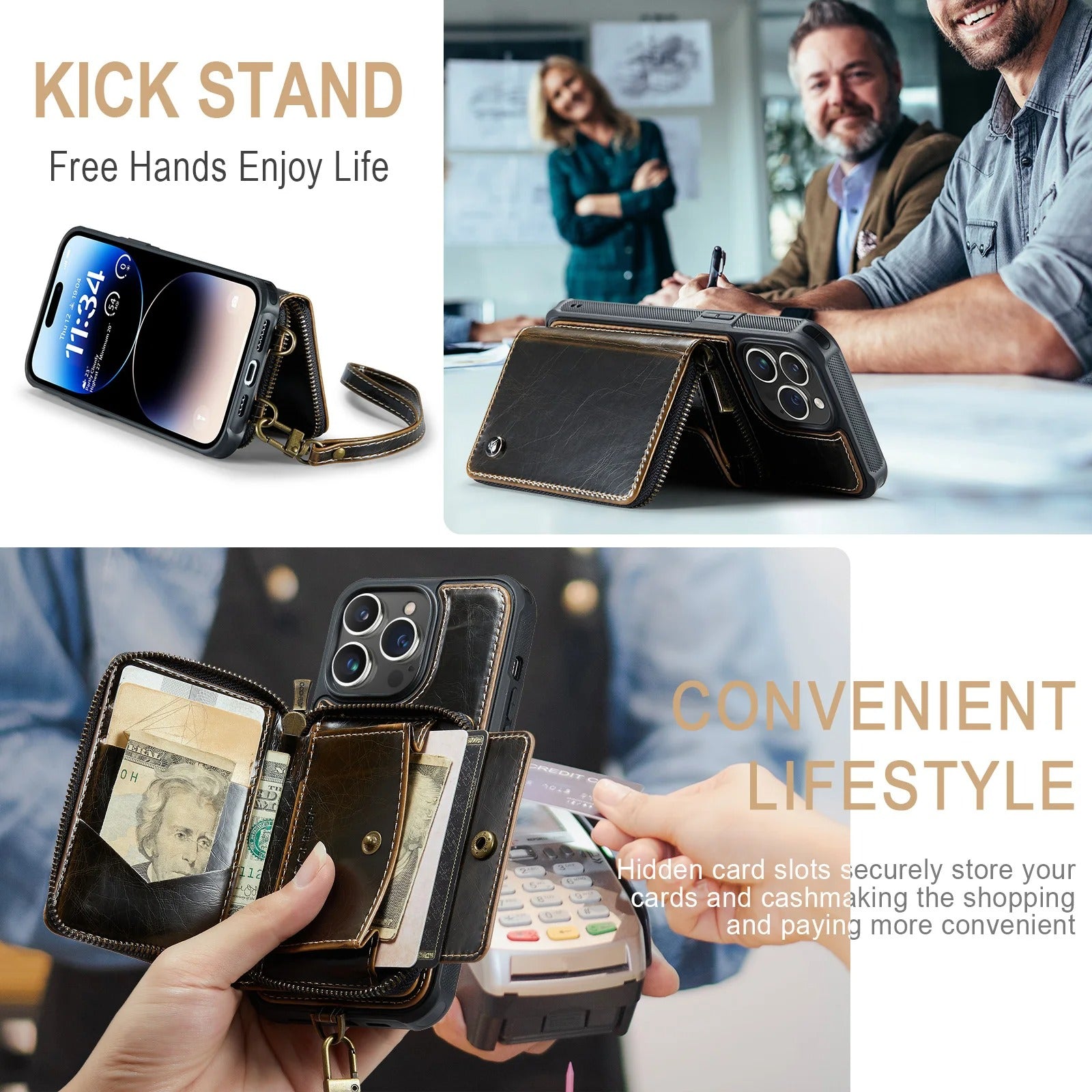 Luxury iPhone Zipper Wallet Case PU Leather Cover — Card Holder Slots, Stand Function, Hand Strap, Shockproof Drop Protection, Anti-Fingerprint Matte Finish