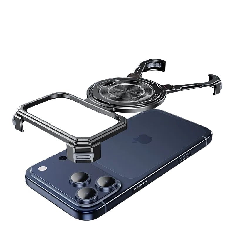 Minimalist iPhone Case — Aluminum Frameless MagSafe Cover with 360° Rotating Stand Ring and Shockproof Protective Design