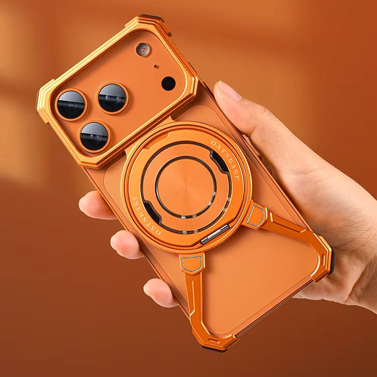 Minimalist iPhone Case — Aluminum Frameless MagSafe Cover with 360° Rotating Stand Ring and Shockproof Protective Design