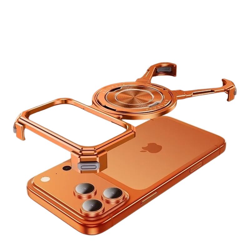 Minimalist iPhone Case — Aluminum Frameless MagSafe Cover with 360° Rotating Stand Ring and Shockproof Protective Design