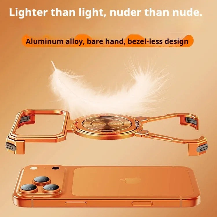 Minimalist iPhone Case — Aluminum Frameless MagSafe Cover with 360° Rotating Stand Ring and Shockproof Protective Design
