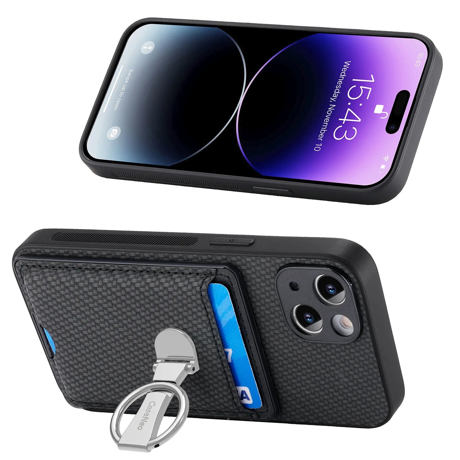 Premium iPhone Case — Leather Wallet Cover with Card Holder, Finger Ring Stand, Magnetic Grip and Lightweight Anti-Scratch Design