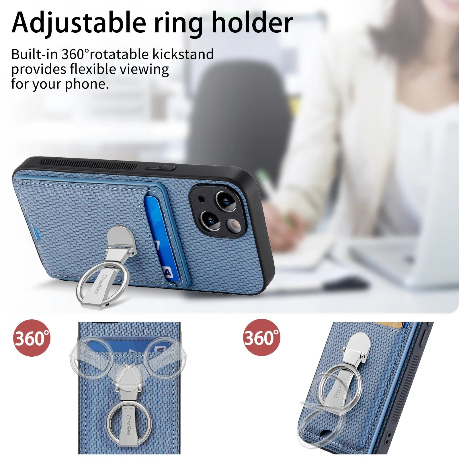 Premium iPhone Case — Leather Wallet Cover with Card Holder, Finger Ring Stand, Magnetic Grip and Lightweight Anti-Scratch Design