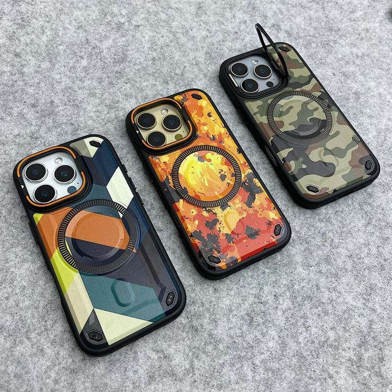 Premium MagSafe Magnetic iPhone Case — Camouflage Graffiti Armor Cover with Invisible Lens Holder, Kickstand, Anti-Fingerprint Matte Protection