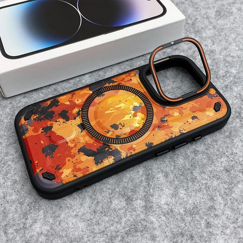 Premium MagSafe Magnetic iPhone Case — Camouflage Graffiti Armor Cover with Invisible Lens Holder, Kickstand, Anti-Fingerprint Matte Protection