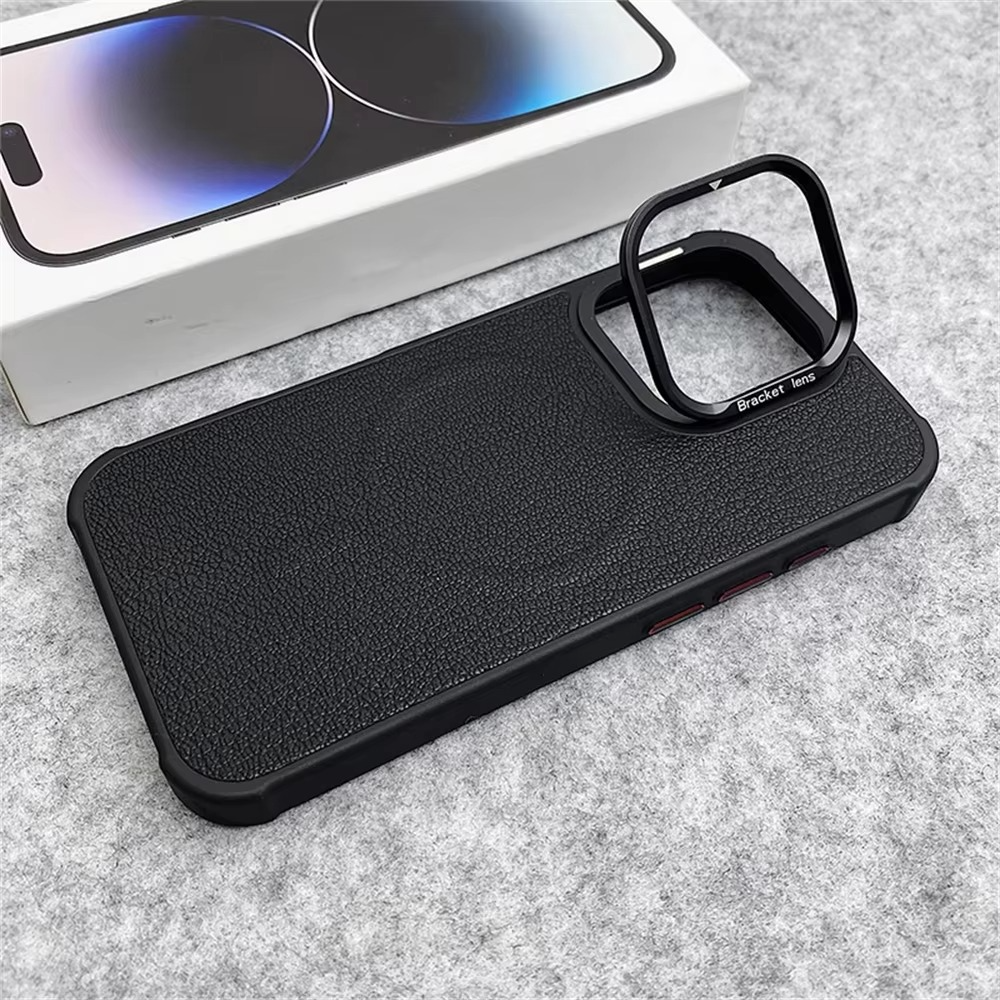 Premium MagSafe Magnetic iPhone Case — Metal Lens Kickstand, Leather Texture Grip, Shockproof Anti-Fingerprint Matte Protective Cover