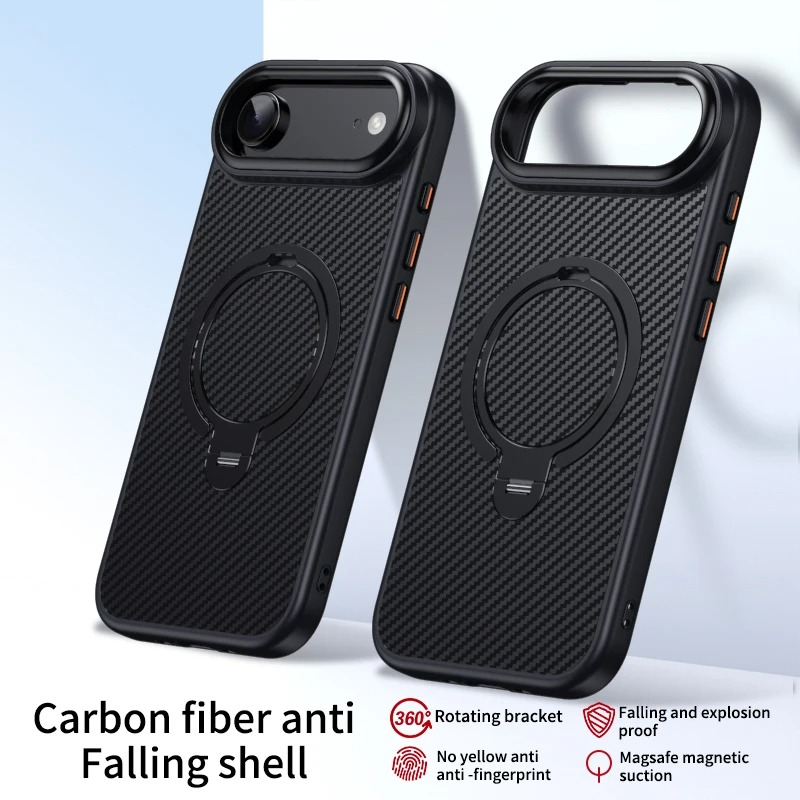 Premium MagSafe iPhone Case Magnetic Shockproof Carbon Fiber with Rotating Stand, Metal Camera Frame Button, Lightweight Rugged Cover