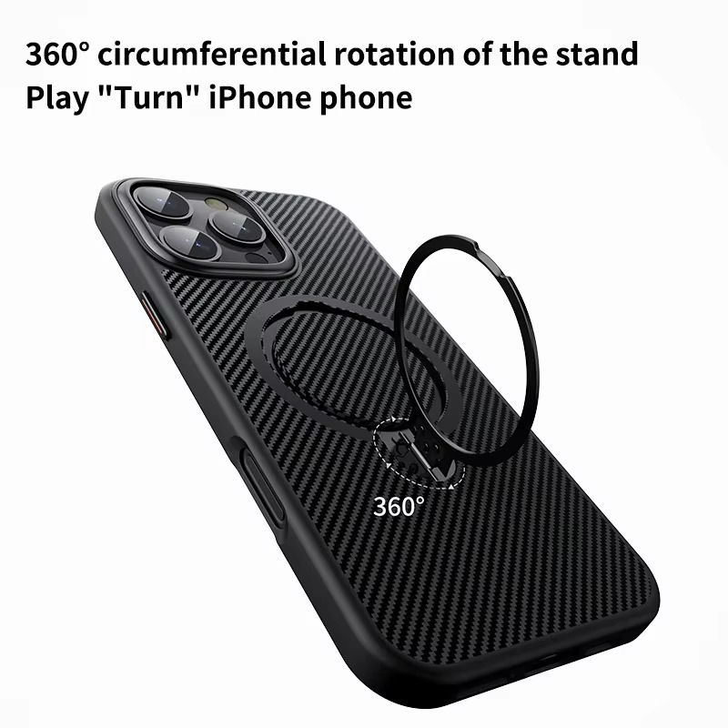 Premium MagSafe iPhone Case Magnetic Shockproof Carbon Fiber with Rotating Stand, Metal Camera Frame Button, Lightweight Rugged Cover