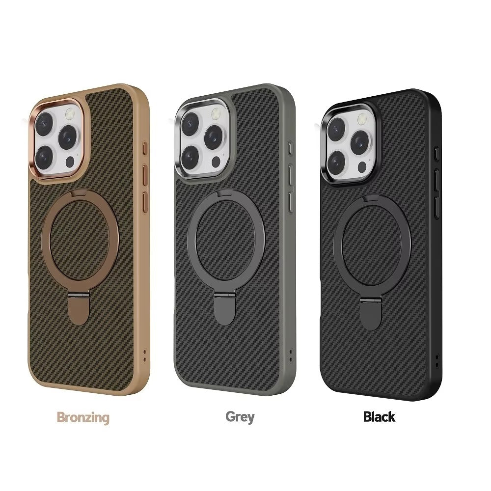 Premium iPhone Case — MagSafe Magnetic Armor Cover with Desert Titanium Metal Frame, Carbon Fiber Texture, Anti-Scratch Holder and Wireless-Charging Support