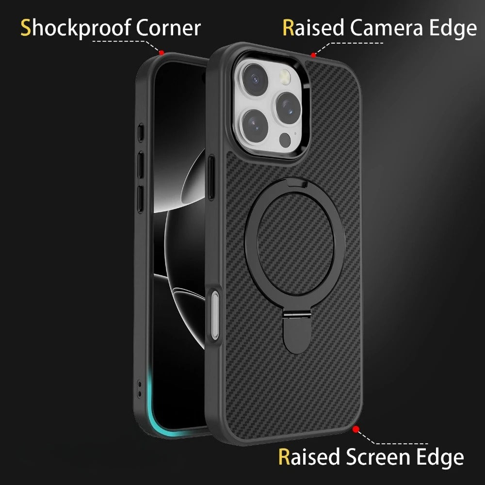 Premium iPhone Case — MagSafe Magnetic Armor Cover with Desert Titanium Metal Frame, Carbon Fiber Texture, Anti-Scratch Holder and Wireless-Charging Support