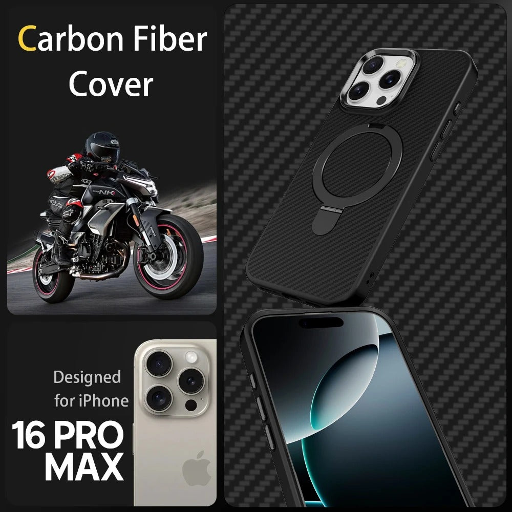 Premium iPhone Case — MagSafe Magnetic Armor Cover with Desert Titanium Metal Frame, Carbon Fiber Texture, Anti-Scratch Holder and Wireless-Charging Support