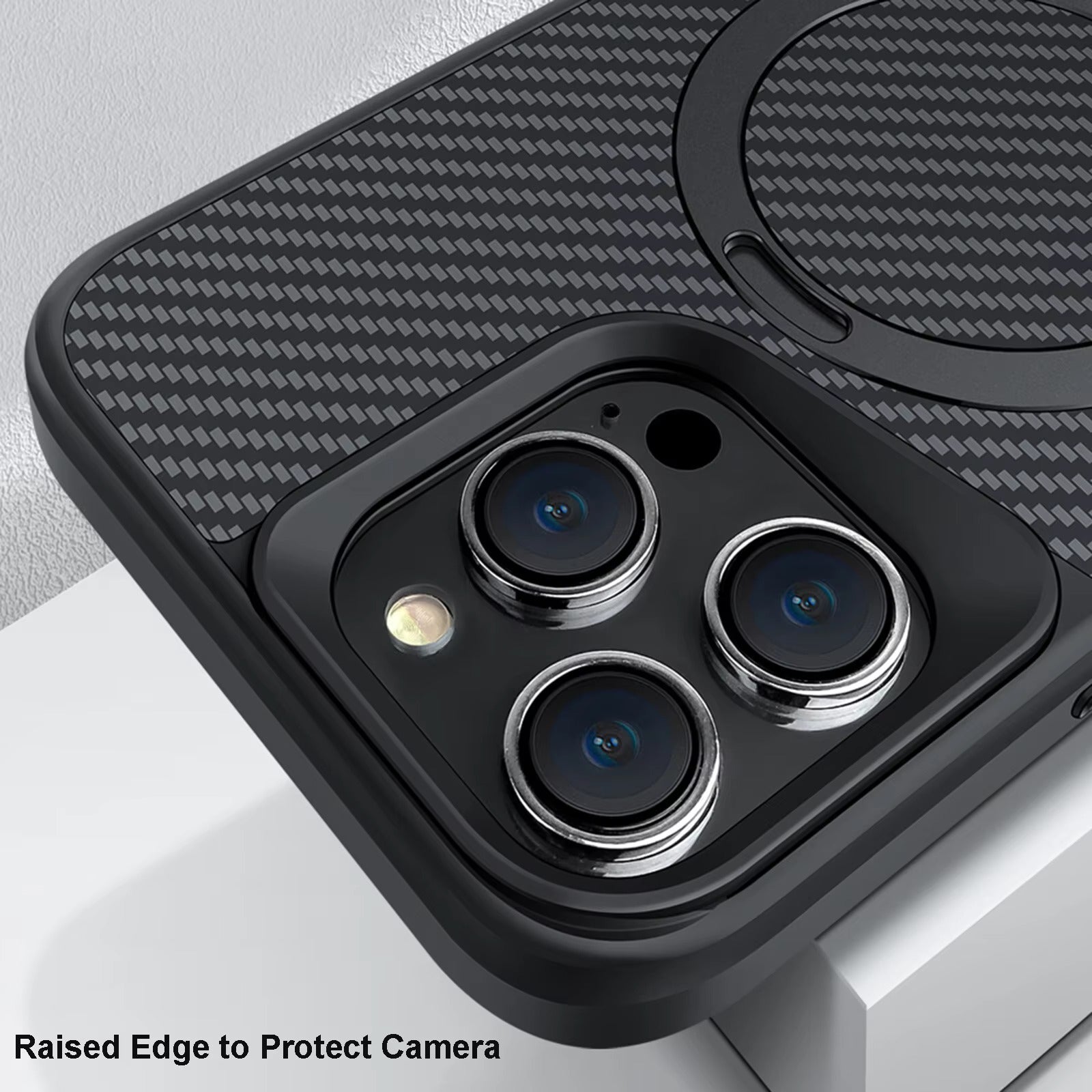 Premium iPhone Case — MagSafe Magnetic Armor Cover with Desert Titanium Metal Frame, Carbon Fiber Texture, Anti-Scratch Holder and Wireless-Charging Support