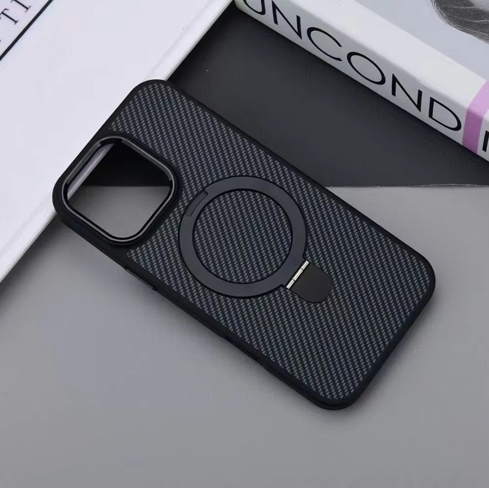 Premium iPhone Case — MagSafe Magnetic Armor Cover with Desert Titanium Metal Frame, Carbon Fiber Texture, Anti-Scratch Holder and Wireless-Charging Support
