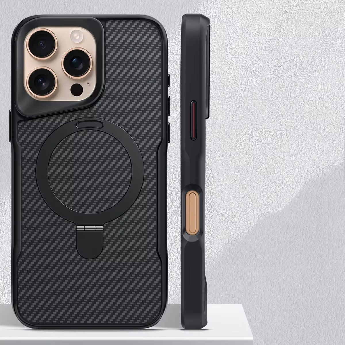 Premium iPhone Case — MagSafe Magnetic Armor Cover with Desert Titanium Metal Frame, Carbon Fiber Texture, Anti-Scratch Holder and Wireless-Charging Support