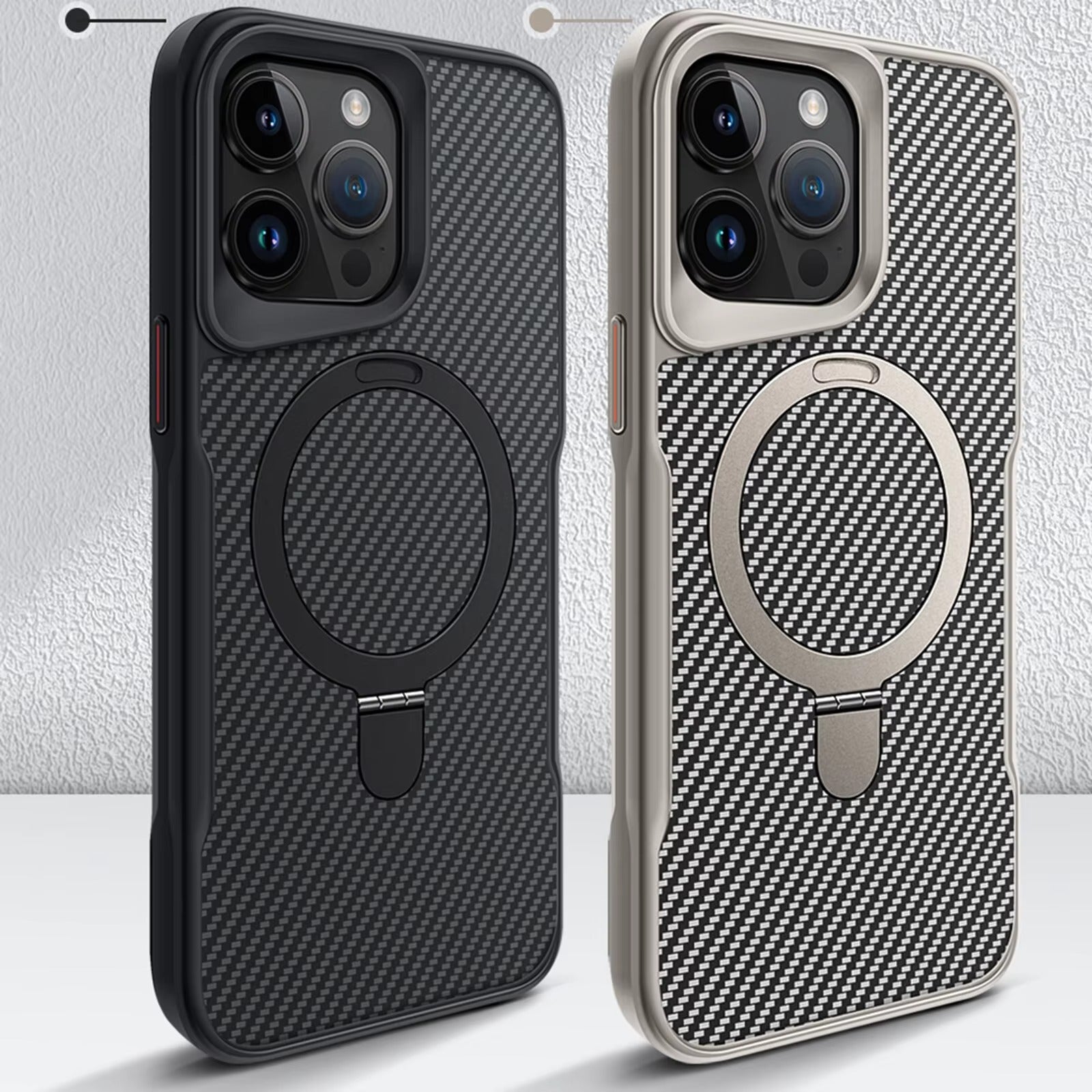 Premium iPhone Case — MagSafe Magnetic Armor Cover with Desert Titanium Metal Frame, Carbon Fiber Texture, Anti-Scratch Holder and Wireless-Charging Support