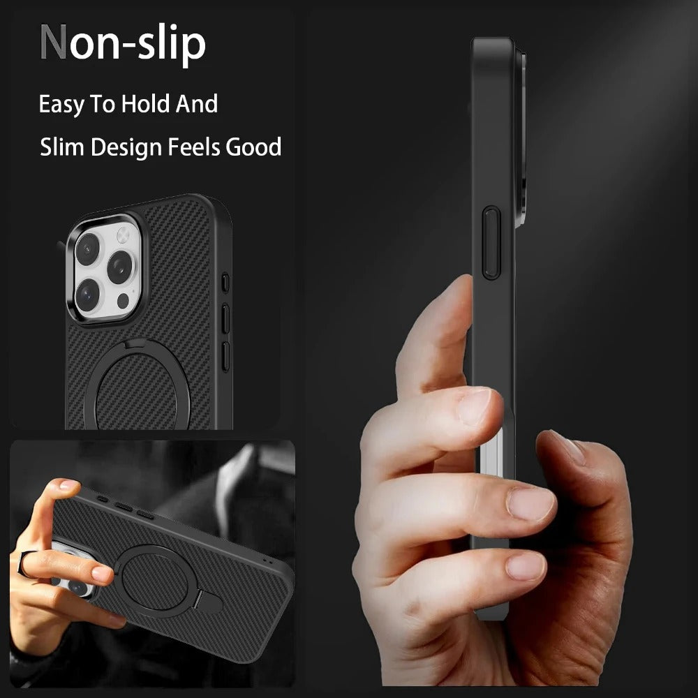 Premium iPhone Case — MagSafe Magnetic Armor Cover with Desert Titanium Metal Frame, Carbon Fiber Texture, Anti-Scratch Holder and Wireless-Charging Support