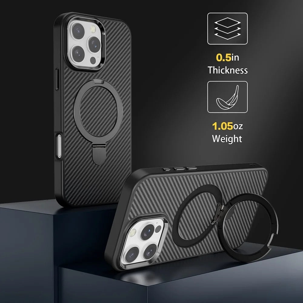 Premium iPhone Case — MagSafe Magnetic Armor Cover with Desert Titanium Metal Frame, Carbon Fiber Texture, Anti-Scratch Holder and Wireless-Charging Support