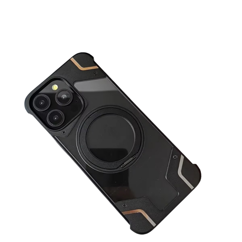 Premium iPhone Case — Magnetic Shockproof Clear PC Cover with Aluminum Alloy Rimless Frame, 360° Stand and Camera-Screen Protection