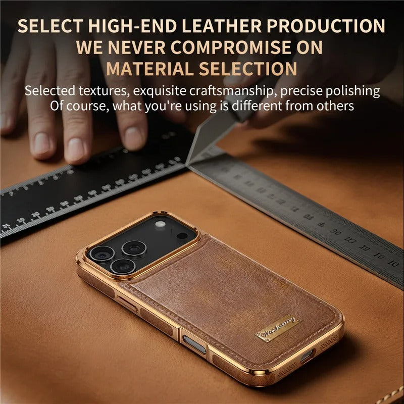 Premium Magnetic iPhone Case with Retro Oil-Wax Leather — Strong Metal Button Grip, Shockproof Full-Coverage Plating, Anti-Fingerprint & Scratch-Resistant Design