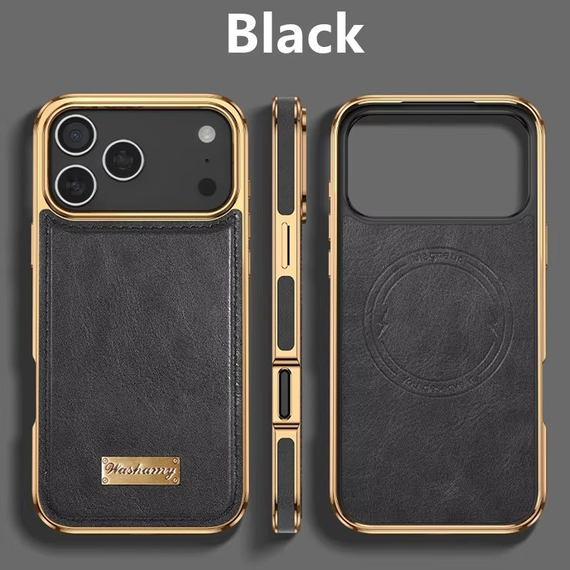 Premium Magnetic iPhone Case with Retro Oil-Wax Leather — Strong Metal Button Grip, Shockproof Full-Coverage Plating, Anti-Fingerprint & Scratch-Resistant Design