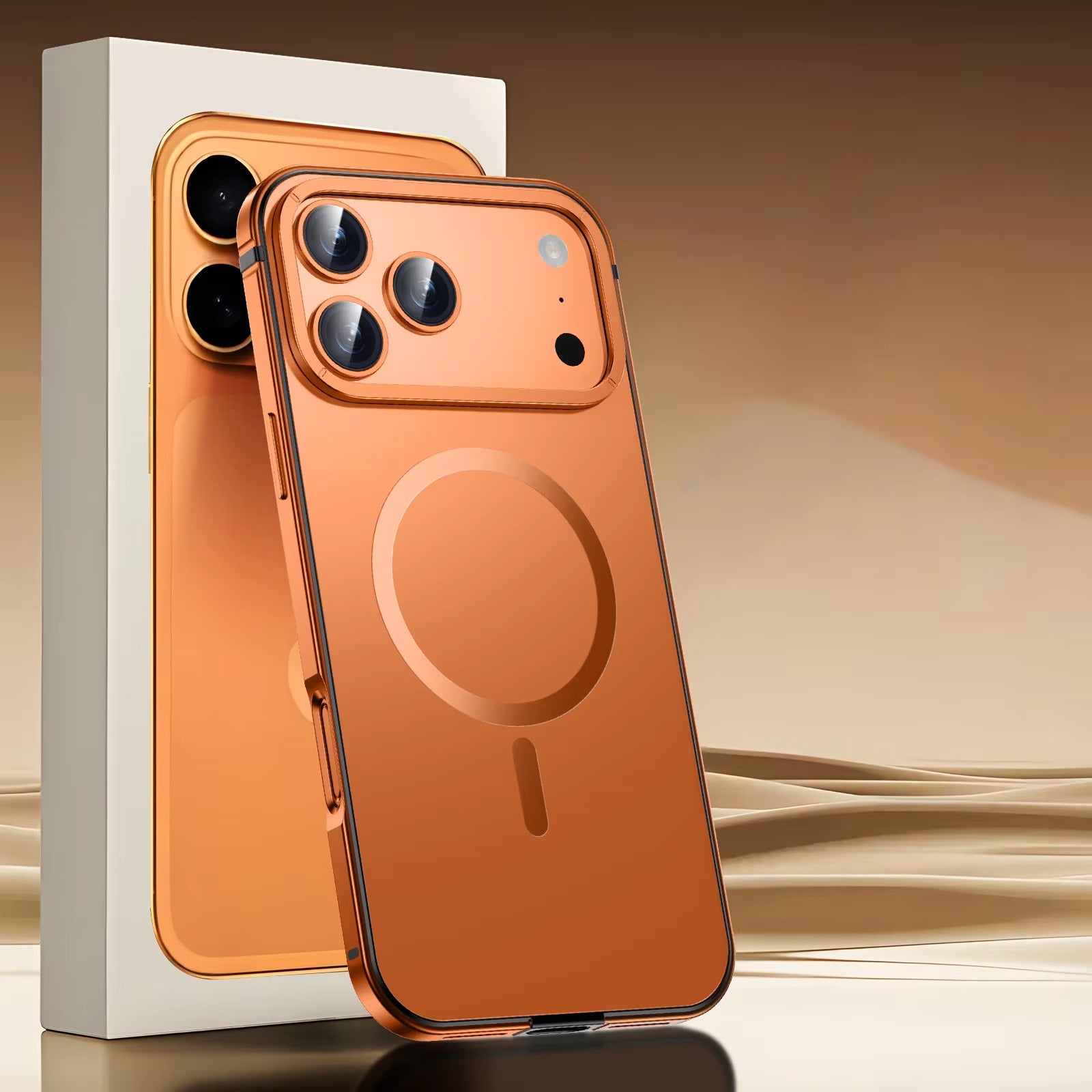 Premium iPhone Case — Orange Aluminum Alloy MagSafe Compatible Hard Shockproof Matte Cover with Magnetic Glass Protection, Anti-Scratch, Lightweight Design