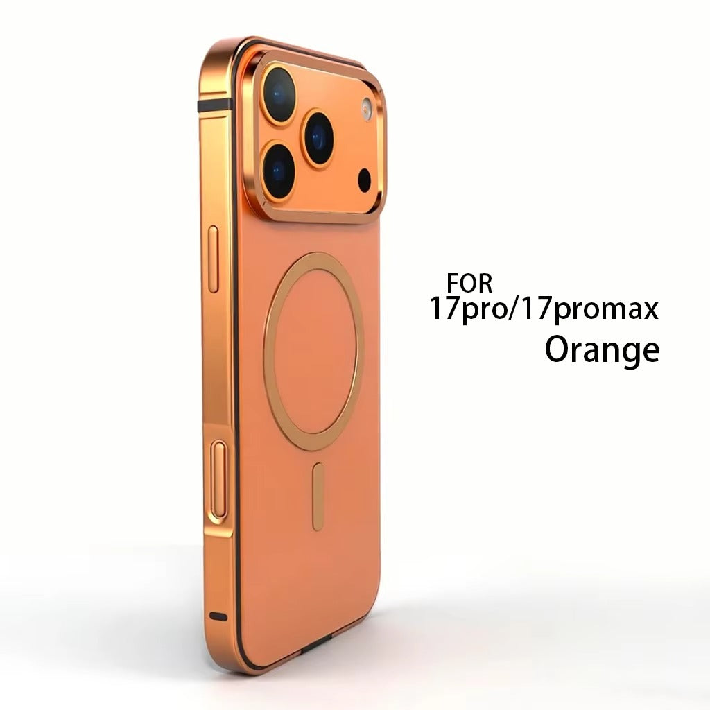 Premium iPhone Case — Orange Aluminum Alloy MagSafe Compatible Hard Shockproof Matte Cover with Magnetic Glass Protection, Anti-Scratch, Lightweight Design