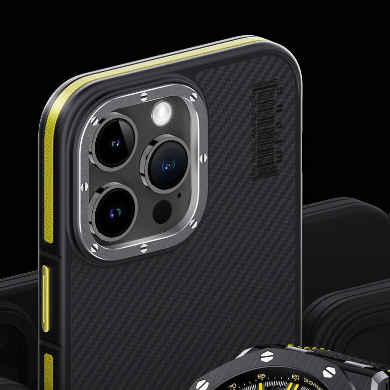 Premium iPhone Case — 600D Kevlar Series Magnetic Cover with Metal Camera Ring, Half-Wrapped Dual-Layer Carbon Fiber Protection & Anti-Fingerprint Design