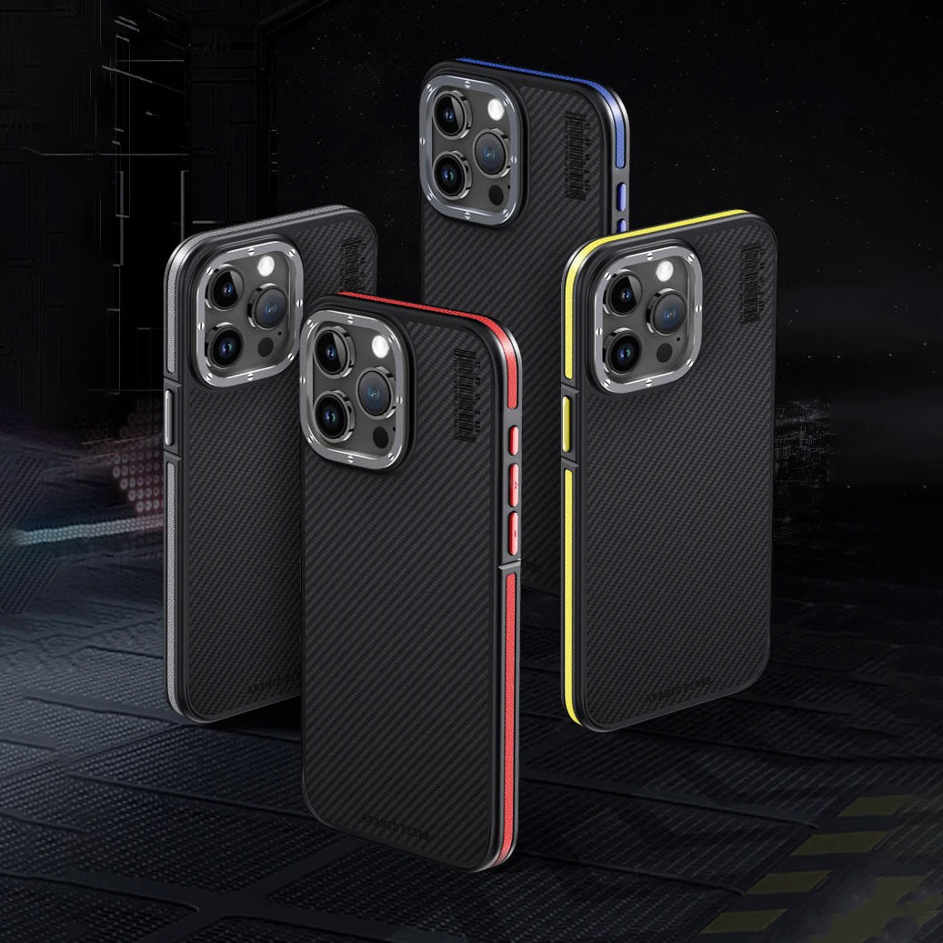 Premium iPhone Case — 600D Kevlar Series Magnetic Cover with Metal Camera Ring, Half-Wrapped Dual-Layer Carbon Fiber Protection & Anti-Fingerprint Design