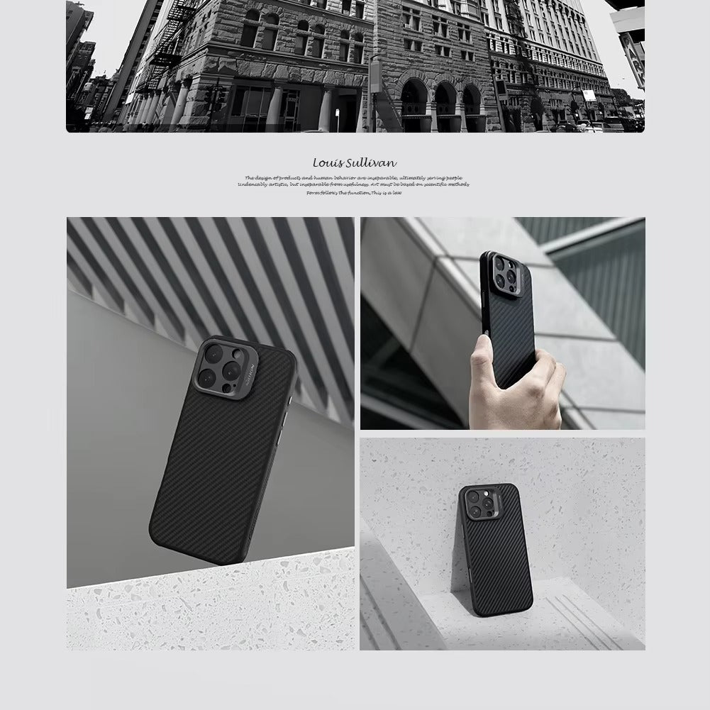 Premium iPhone Case — Aramid Fiber Kevlar 600D Half-Wrapped Cover with MagSafe, Invisible Camera Ring Stand, Shockproof Anti-Fingerprint Design
