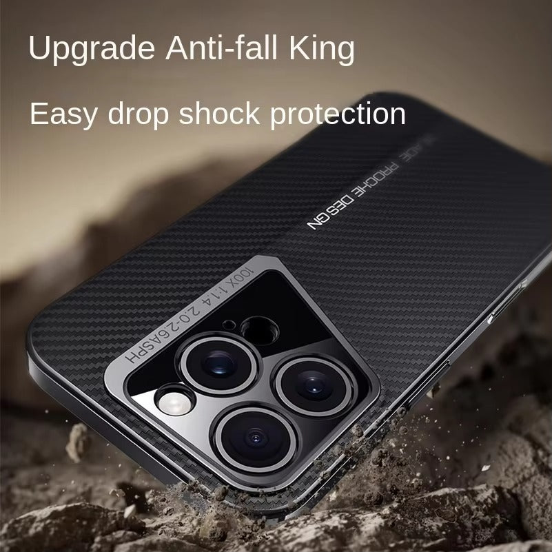 Premium iPhone Case — Carbon Fiber Fighter-Style Electroplated Protective Cover with Magnetic Shockproof Design, Anti-Fingerprint Non-Slip Full-Coverage Build