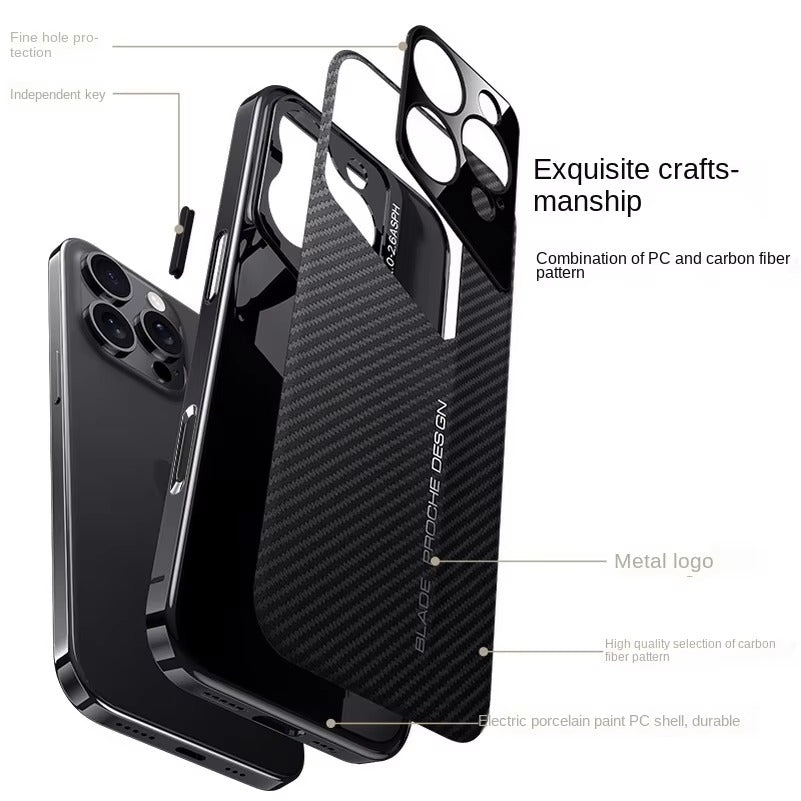 Premium iPhone Case — Carbon Fiber Fighter-Style Electroplated Protective Cover with Magnetic Shockproof Design, Anti-Fingerprint Non-Slip Full-Coverage Build