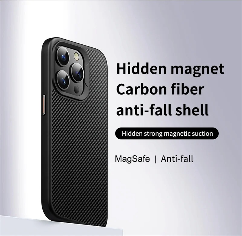 Premium iPhone Case — Carbon Fiber Full-Coverage Cover with Magnetic Stand, Removable Lens Protector, Anti-Fingerprint Shockproof PC+TPU Design & MagSafe Compatibility