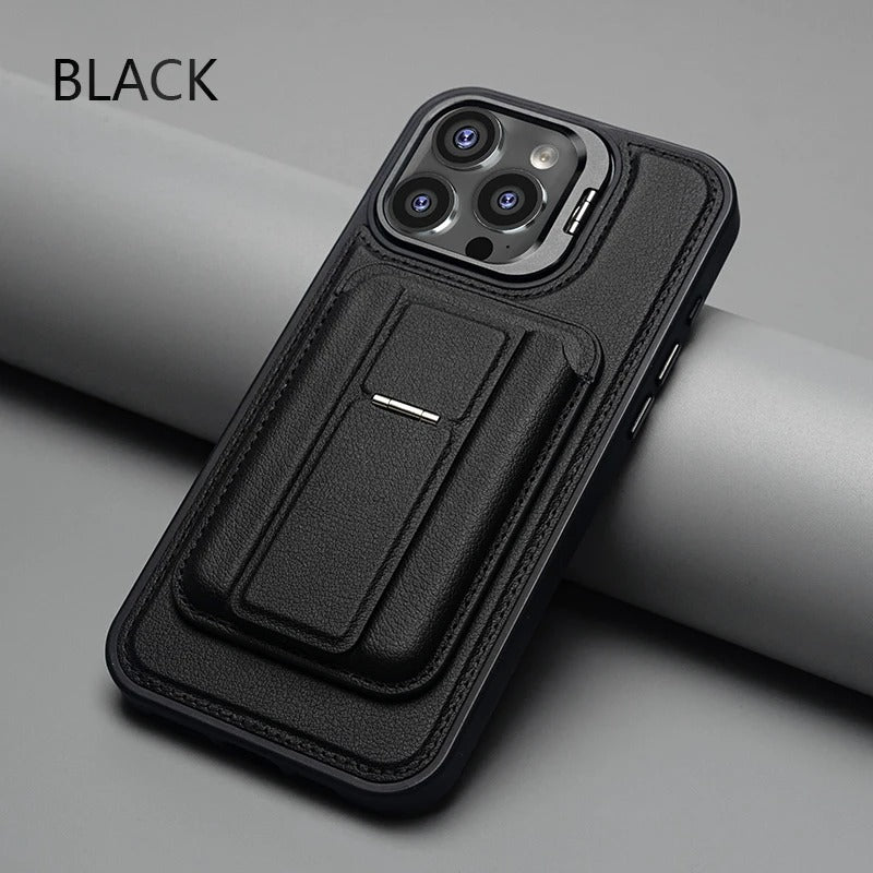 Premium iPhone Case — Card Holder Leather Cover with Camera Lens Protection, Kickstand, Shockproof Plastic + Aluminum Design, Full Protection