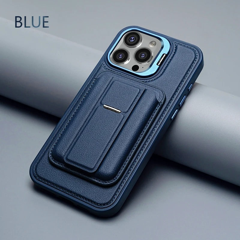 Premium iPhone Case — Card Holder Leather Cover with Camera Lens Protection, Kickstand, Shockproof Plastic + Aluminum Design, Full Protection