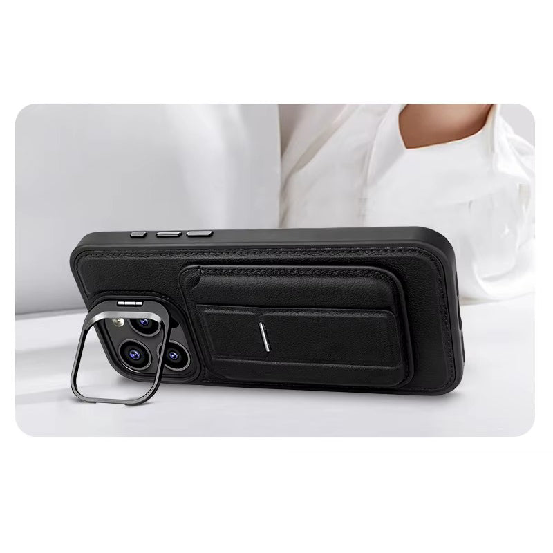 Premium iPhone Case — Card Holder Leather Cover with Camera Lens Protection, Kickstand, Shockproof Plastic + Aluminum Design, Full Protection