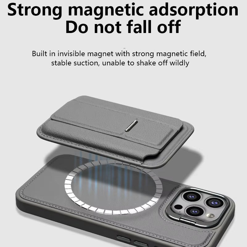 Premium iPhone Case — Card Holder Leather Cover with Camera Lens Protection, Kickstand, Shockproof Plastic + Aluminum Design, Full Protection