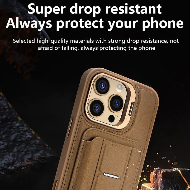 Premium iPhone Case — Card Holder Leather Cover with Camera Lens Protection, Kickstand, Shockproof Plastic + Aluminum Design, Full Protection