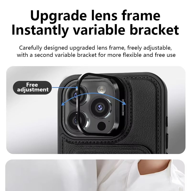 Premium iPhone Case — Card Holder Leather Cover with Camera Lens Protection, Kickstand, Shockproof Plastic + Aluminum Design, Full Protection