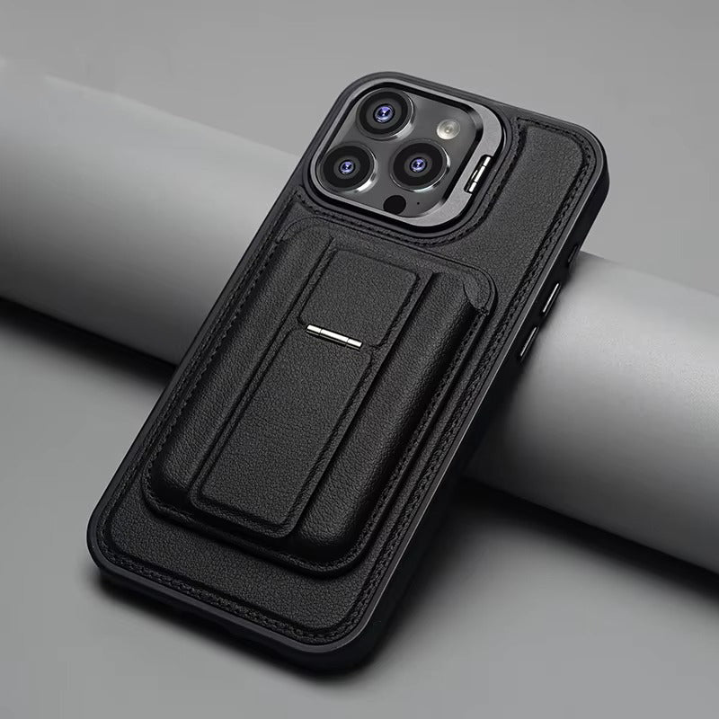 Premium iPhone Case — Card Holder Leather Cover with Camera Lens Protection, Kickstand, Shockproof Plastic + Aluminum Design, Full Protection