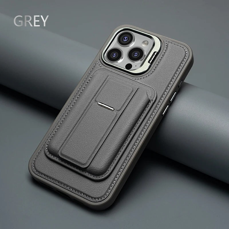 Premium iPhone Case — Card Holder Leather Cover with Camera Lens Protection, Kickstand, Shockproof Plastic + Aluminum Design, Full Protection
