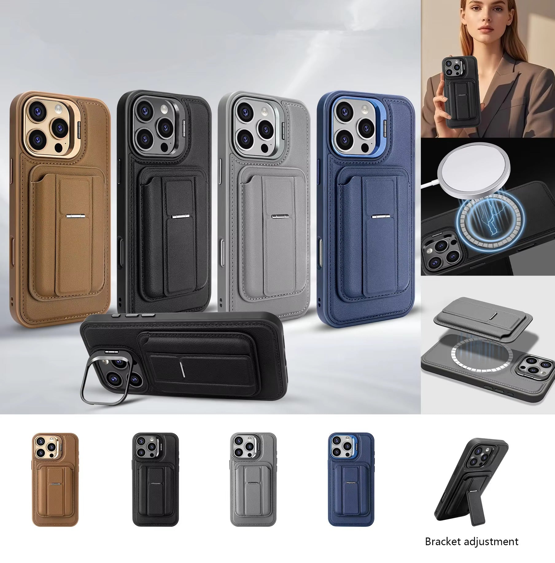 Premium iPhone Case — Card Holder Leather Cover with Camera Lens Protection, Kickstand, Shockproof Plastic + Aluminum Design, Full Protection