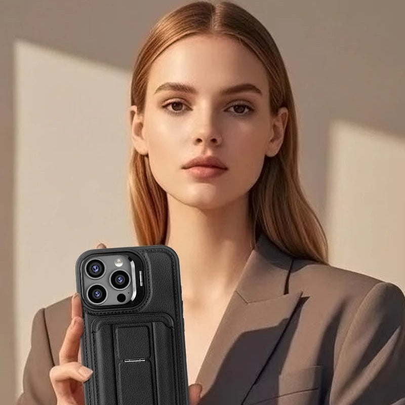 Premium iPhone Case — Card Holder Leather Cover with Camera Lens Protection, Kickstand, Shockproof Plastic + Aluminum Design, Full Protection