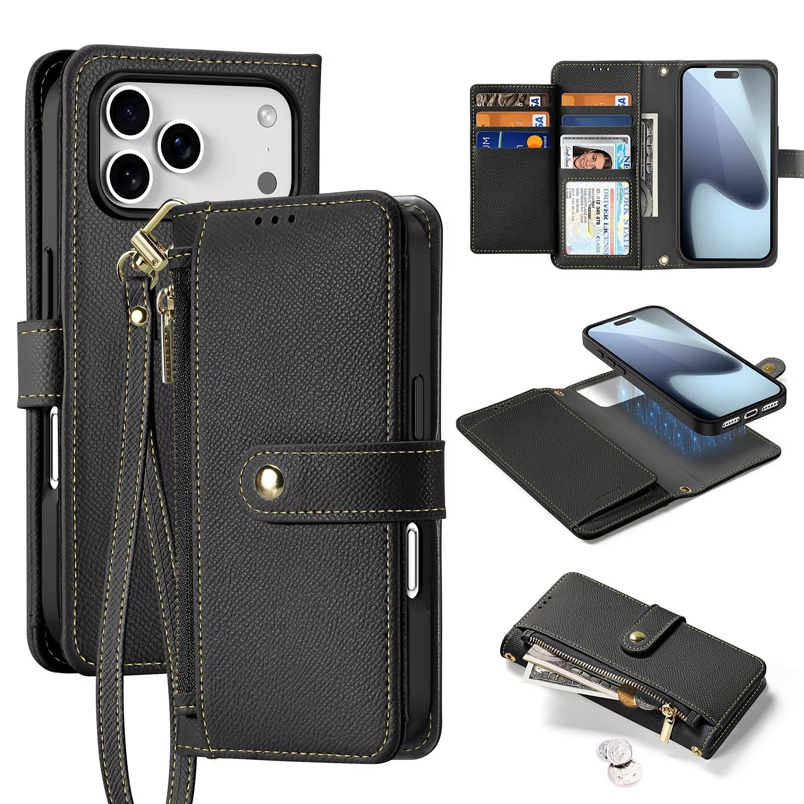 Premium iPhone Case — Cow Leather Detachable Magnetic Wallet Cover with Card Slots, Shockproof Drop Protection, Wireless-Charging Support & Lanyard Option